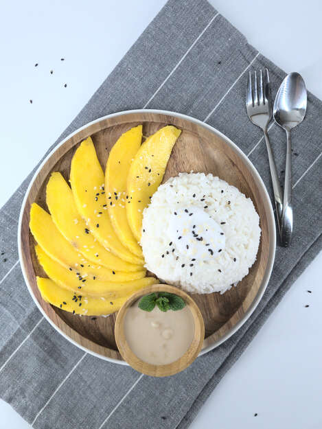 Thai mango sticky rice with coconut caramel sauce